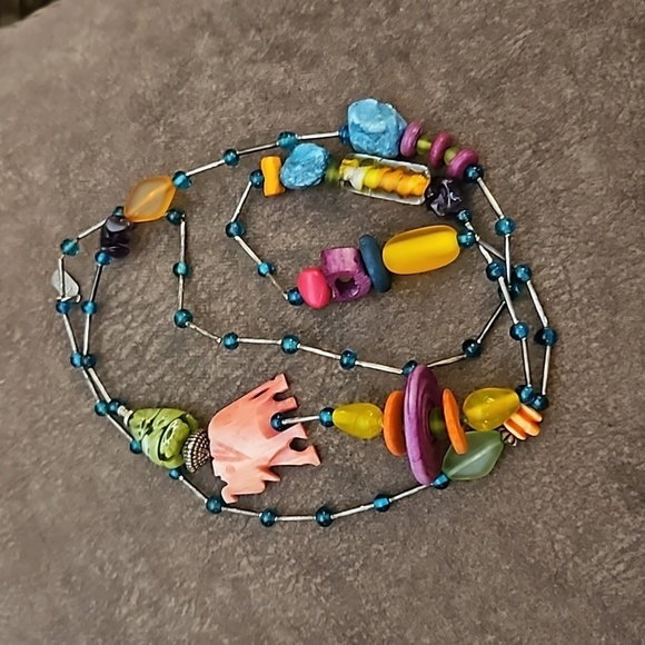 TRESKA Elephant Lampwork Glass Funky Tribal Beaded Long Necklace - Picture 2 of 7